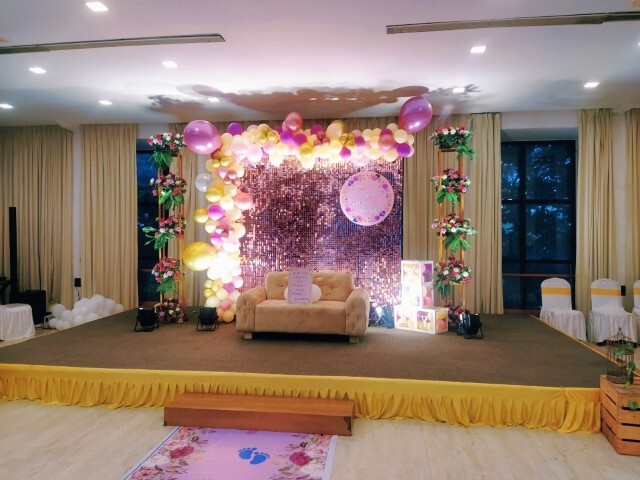 Full view of baby shower hall at Hotel Aram